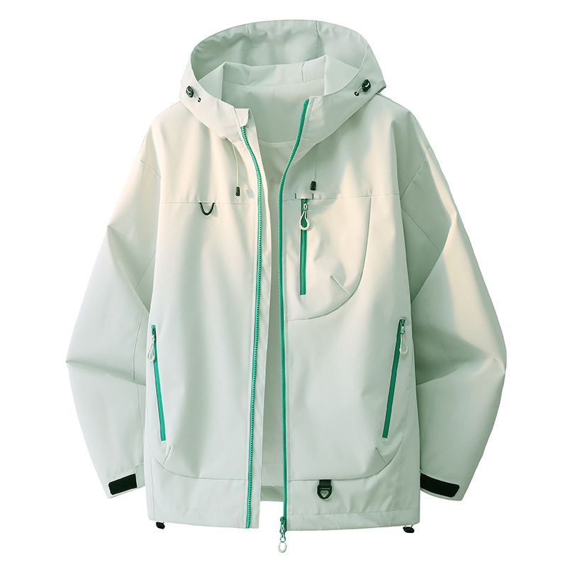 Línea de contraste de color al aire libre capa de asalto con capuz multicolor primavera y otoño para hombres y mujeres empalme chaqueta de trabajo chaqueta superior