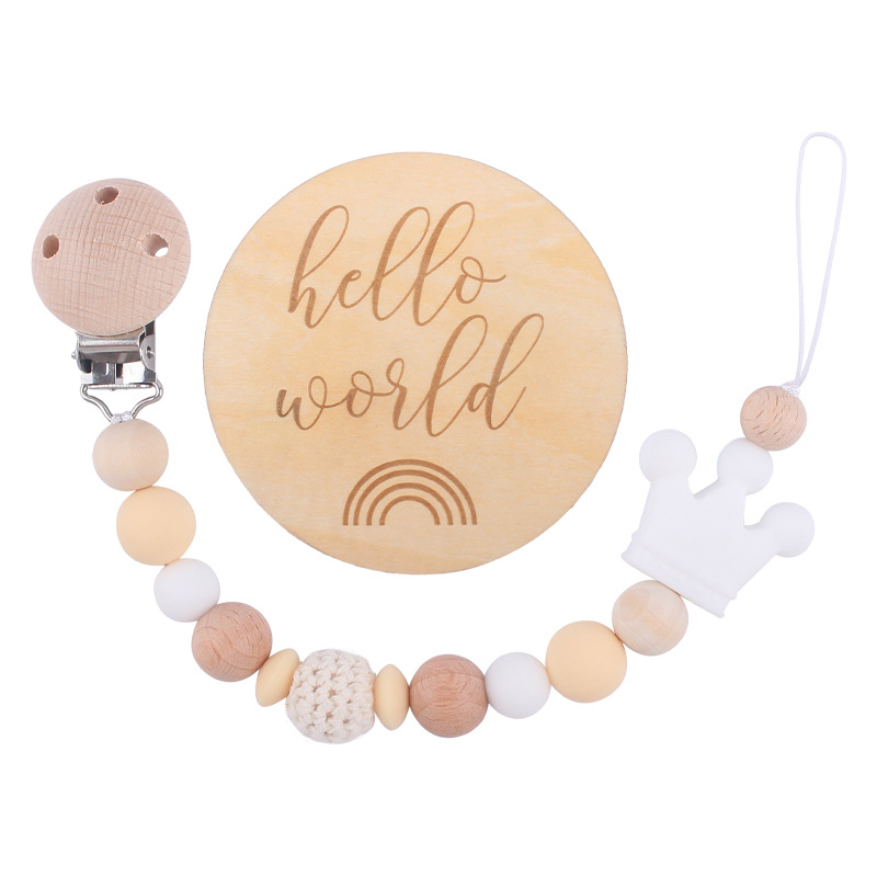 Nuevo bebé haya chupete clip de madera patrón hito tarjeta chupete cadena conjunto de dos piezas