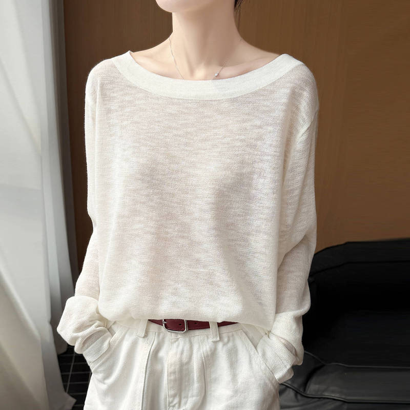 Casual Style Off-Shoulder Long-Sleeve Knit Cardigan for Women, Loose Thin Linen Striped T-Shirt, White Top Casual Style Off-Shoulder Long-Sleeve Knit Cardigan for Women, Loose Thin Linen Striped T-Shirt, White Top