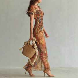 C 51520 V-neck waist ruffle dressV领收腰荷叶边连衣裙