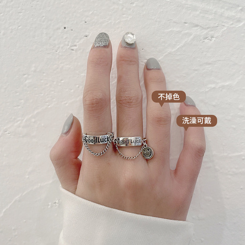 Smiley chain s925 silver ring non-fading niche design personalized opening high-end sterling silver ring wholesale for women