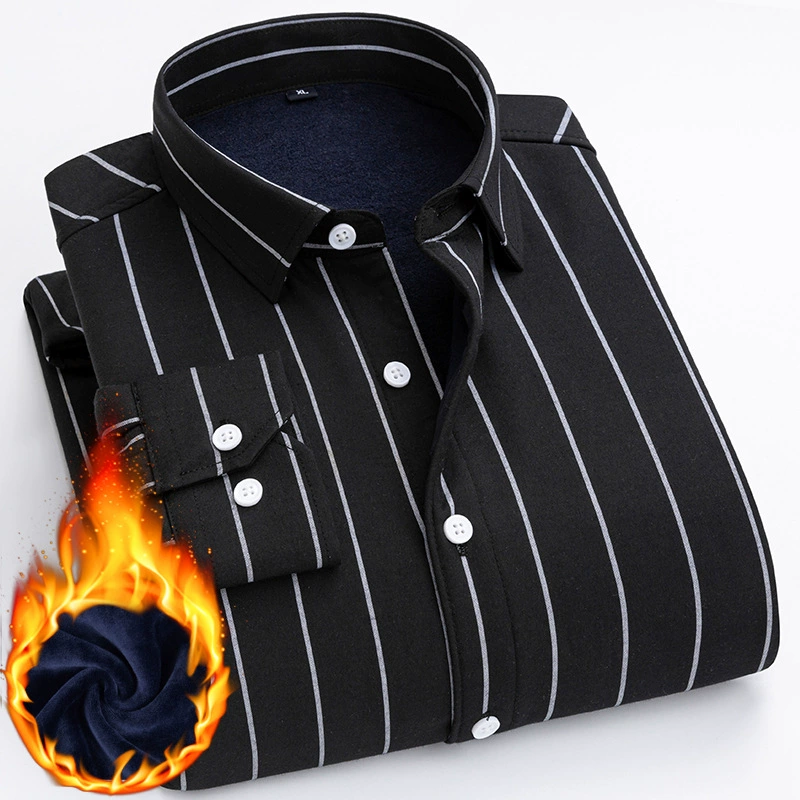 Новая мужская теплая рубашка на зиму 2024 года, с длинным рукавом, из хлопка и флиса, утолщенная, повседневная, в полоску, для мужчин среднего возраста