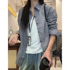 韩版蓝色格子长袖衬衫女春秋2025新款慵懒风衬衣外套宽松显瘦上衣