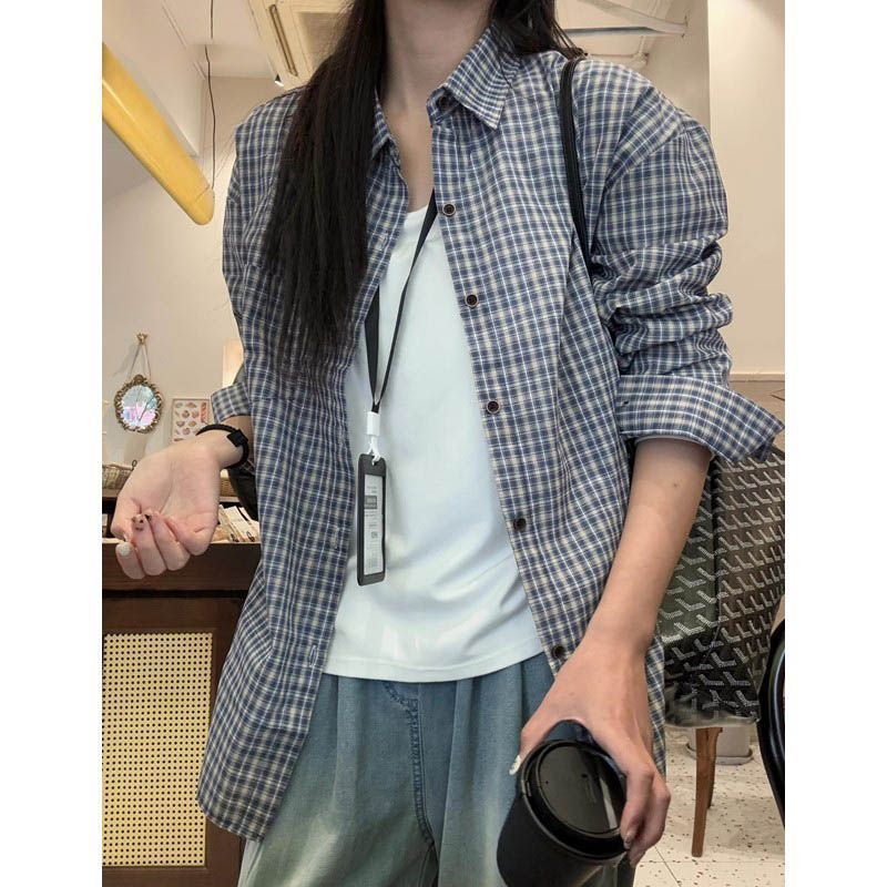 韩版蓝色格子长袖衬衫女春秋2025新款慵懒风衬衣外套宽松显瘦上衣|undefined