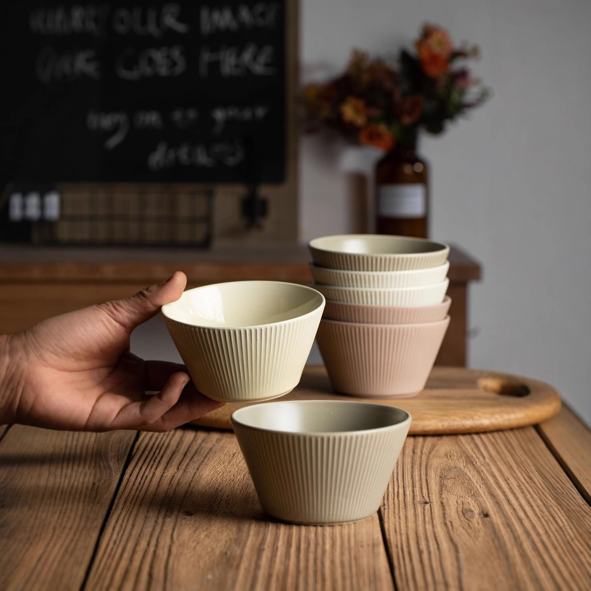 Retro estereoscópico vertical relieve de 5 pulgadas conjunto de tazón de cerámica tazón de arroz imperfecto