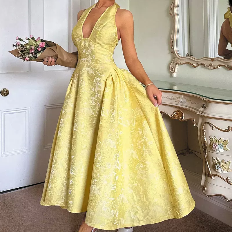 跨境新款欧美复古立体浮雕花纹V领无袖大摆女士女装连衣裙