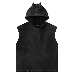 European and American Retro Distressed Washed Hooded Vest Devil Vest Unisex Trendy Hip-Hop Loose Heavyweight Niche Sleeveless