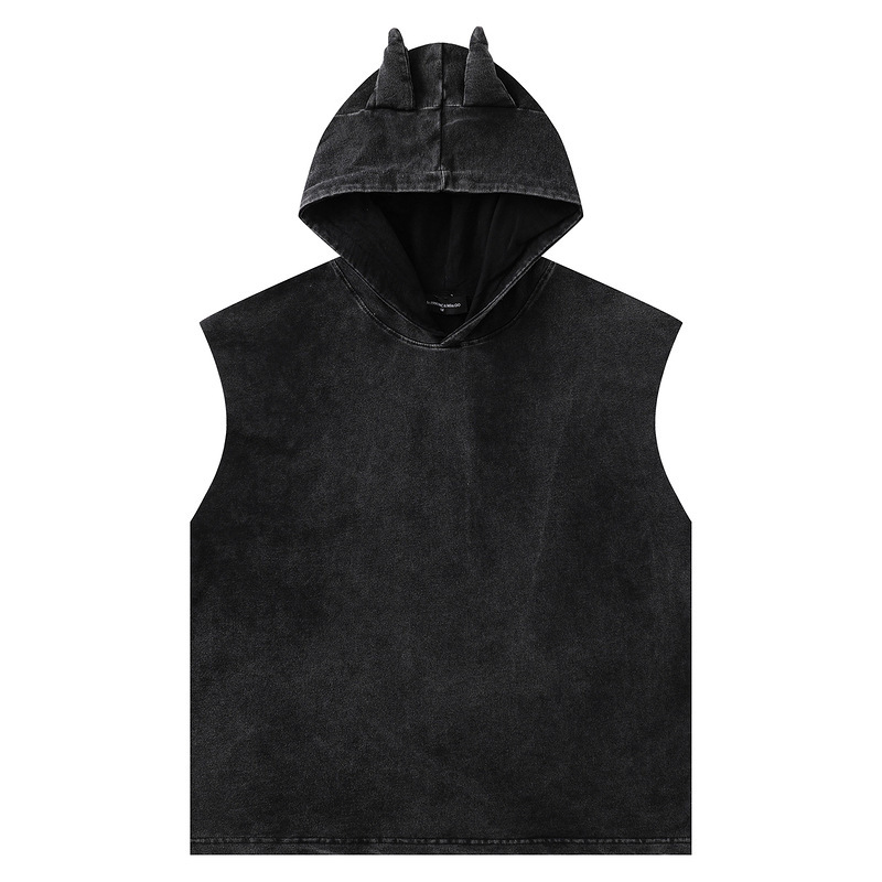 European and American Retro Distressed Washed Hooded Vest Devil Vest Unisex Trendy Hip-Hop Loose Heavyweight Niche Sleeveless