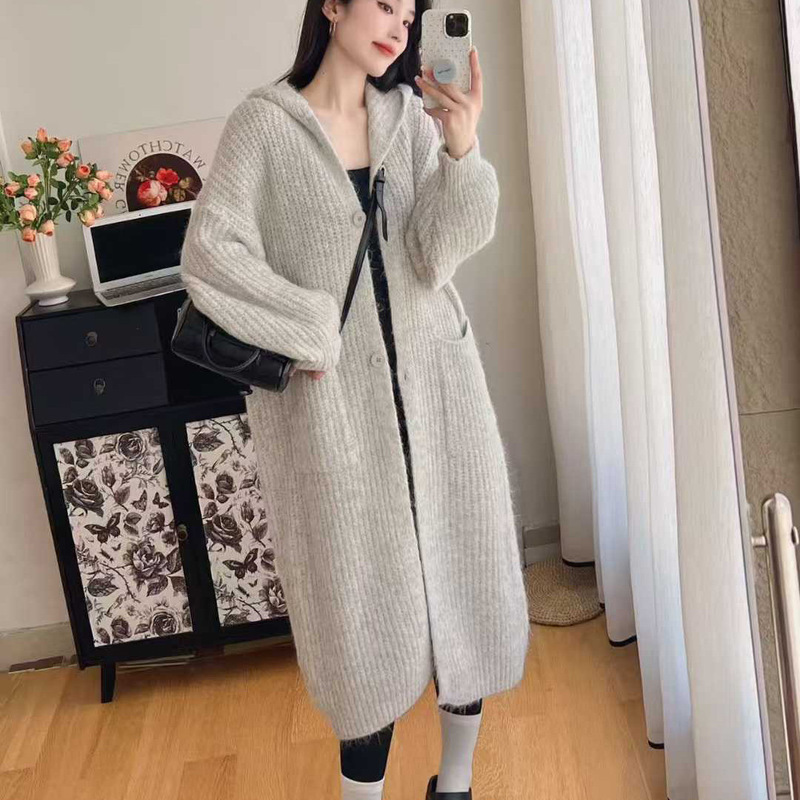连帽长款毛衣外套女慵懒风秋冬季宽松加厚高级感带帽针织开衫大衣|undefined