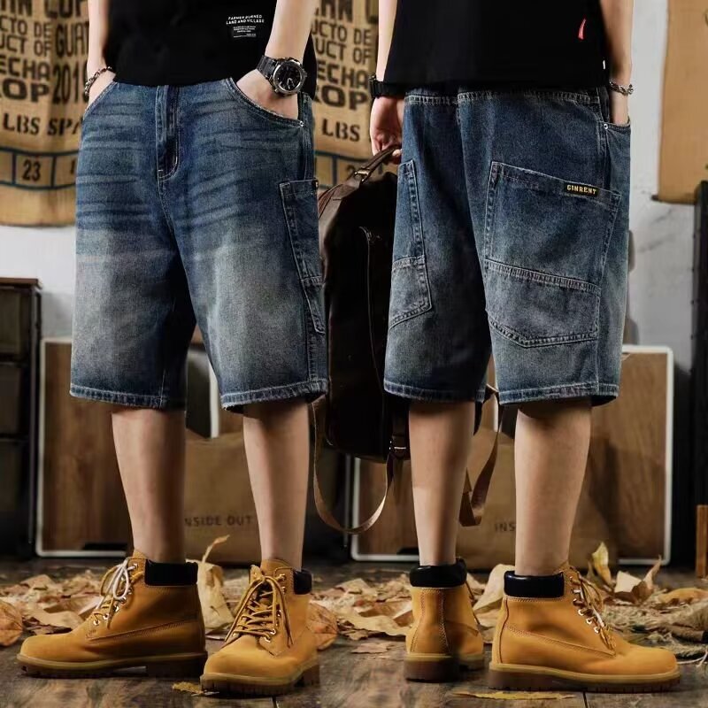 American-Style Casual Denim Shorts for Men, Loose Straight-Cut, Stylish Five-Point Shorts, Retro Trendy Brand, Plus-Size Men's Shorts