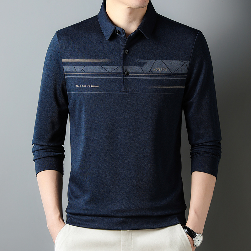 Dad's Autum Top Long-Sleeved Cotton T-Shirt Men's Bottoming Shirt Middle-Aged and Elderly Stripesd Polo Shirt Grandpa T-Shirt Men's Clothing