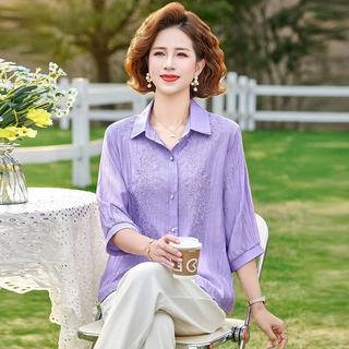 2026中年妈妈夏装七分袖衬衫时尚翻刺绣款式中老年女装春夏衬衣