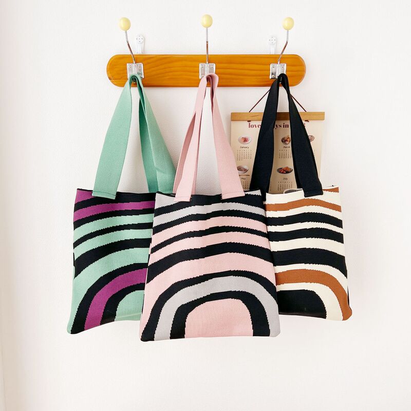 Amazon Cross-Border Knitted Shoulder Handbag Striped Student Shopping Canvas Bag Large Capacity Women's Bag Crossbody