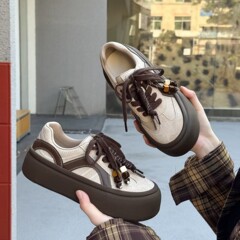 厚底德训鞋女2025秋季新款真皮运动休闲小白鞋百搭圆头系带板鞋