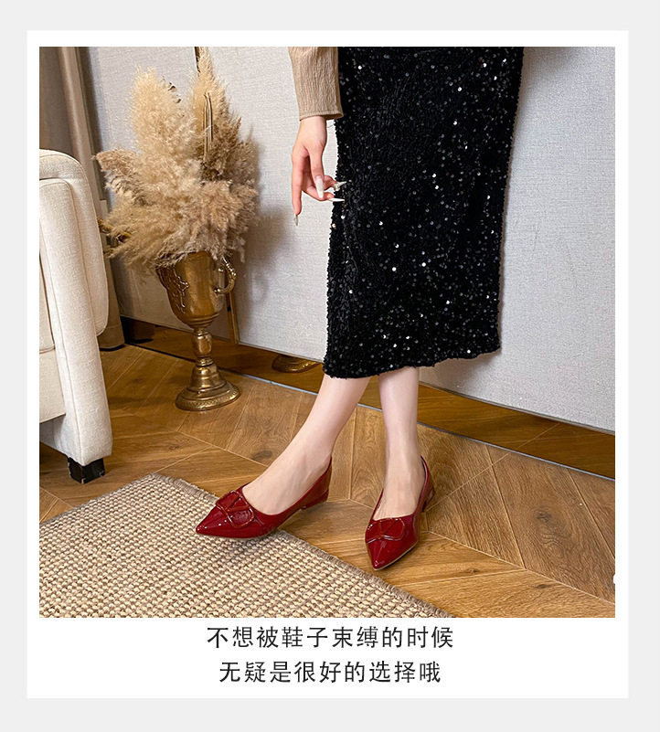 Giày bệt nữ mũi nhọn nhỏ, khóa chữ V, cổ thấp, đế bằng, phong cách tiểu thư, phù hợp xuân hè — màu đen, màu đỏ chi tiết 10