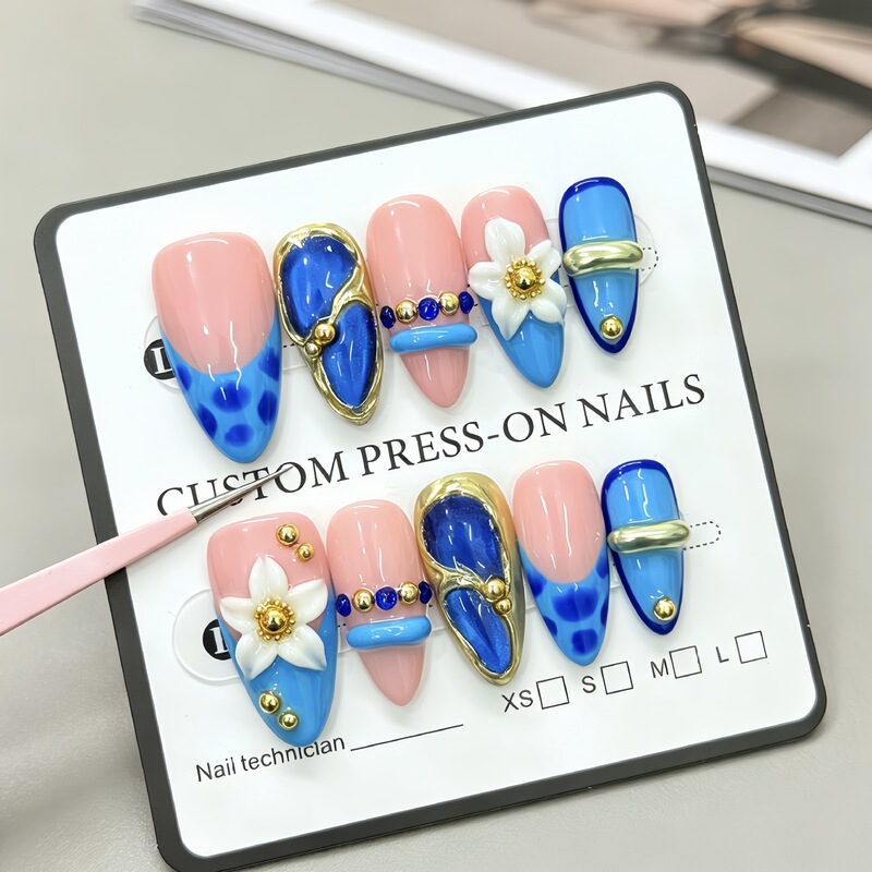 [Blue Amber] Cross-Border Best-Selling Almond-Shaped Wearable Nails, Summer Hot-Selling Blue Butterfly Nail Stickers, Fake Nails