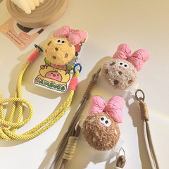 可愛曲奇餅蝴蝶結背夾秋冬毛絨手機夾斜跨鏈背帶式通用手機殼新款