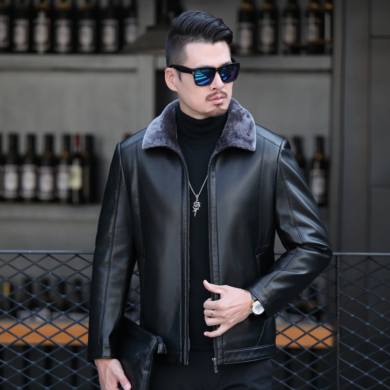 Haining Genuine Leather Men's Mink Liner Winter Coat Short Lapel Leather Jacket Men's Thickened Warm Fur