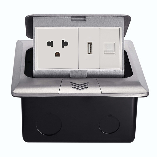 Two European standard ground plug pop-up silver waterproof network socket without damping hidden French standard British ground socket