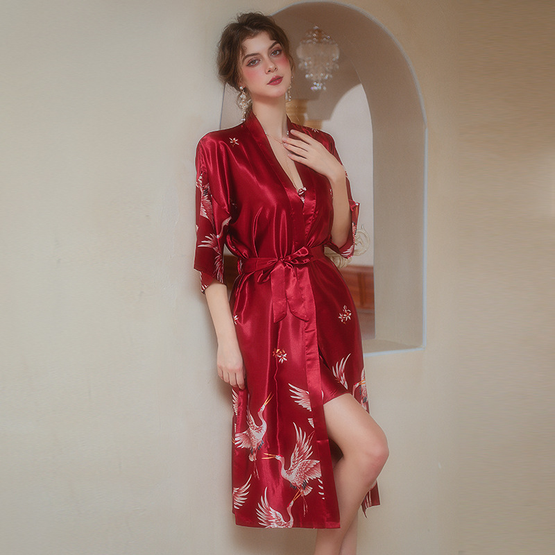 Short Crane Nightgown Bow Crane Nightgown Women's Silk Print Morning Gown Bridal Bridesmaid Nightgown