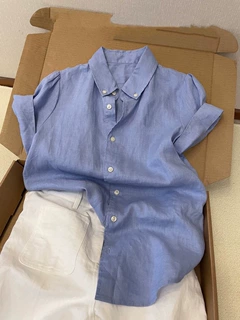 蓝色亚麻棉麻Polo领短袖衬衫女夏季轻熟法式今年流行爆款别致绝美