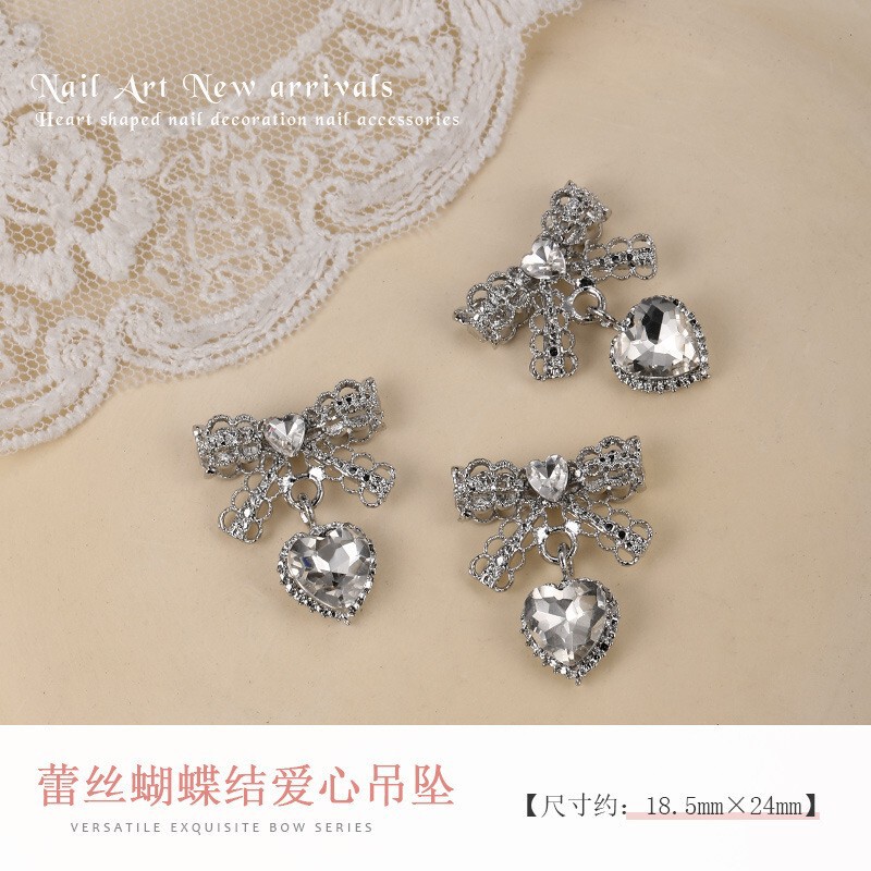 新款蕾丝蝴蝶结爱心吊坠美甲饰品立体蝴蝶结金属指甲钻美甲装饰|undefined