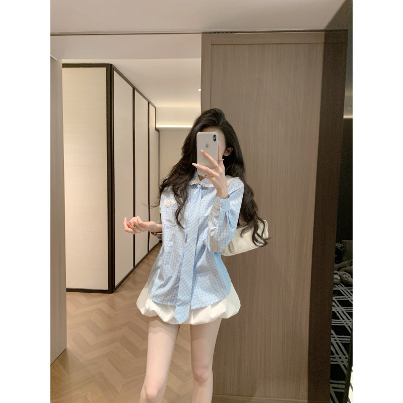 26 Early Spring New Niche Design White Lace Shirt with Plaid Tie, Chest Pocket, and Button-Up Loose Fit
