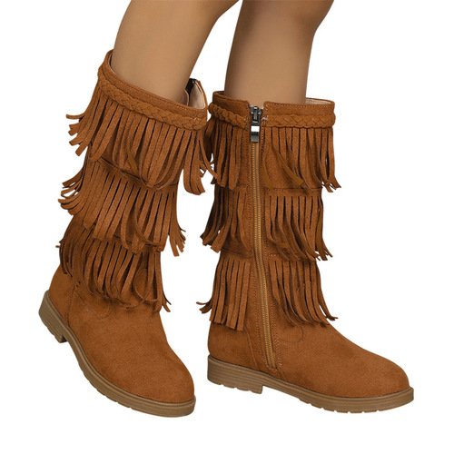 Korean Style Fringe Over-the-Knee Boot with Faux Fur Round Toe and Invisible Platform, Not Over the Knee Slip-On Women's Boots
