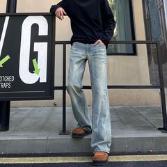 春夏アメリカンハイストリート竹柄マイクロフレアジーンズメンズ春クリーンフィット万能ストレートパンツトレンディ
