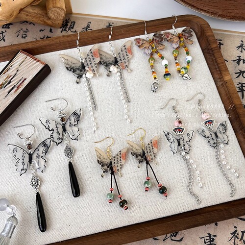 New Chinese style ink painting butterfly tassel earrings, ear hooks, national trend, Chinese style earrings, gentle style earrings