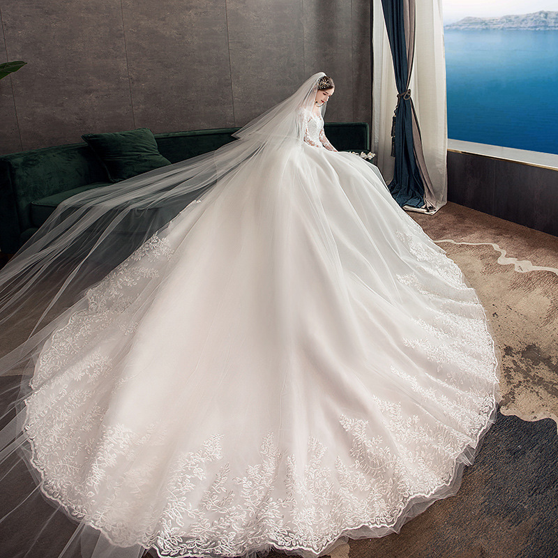 European and American Cross-Border Plus-Size Wedding Dresses 2026 New Model Long Train Mid-Waist Backless Dreamy Long-Sleeve Wedding Dress in Stock Overseas Warehouse