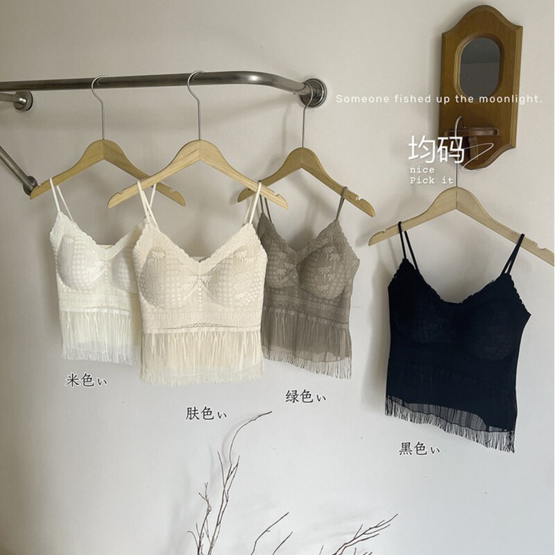 Ice Silk Beautiful Back Summer Tassel Strap V-Neck Built-In Chest Pad Seamless Thin Strap Tube Top for Women 68005