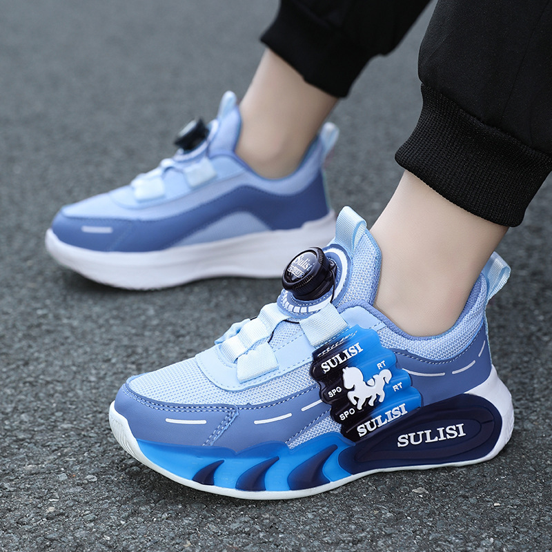 Zapatos giratorios con botones, malla, zapatos deportivos para niños de moda transpirables, 2025 nuevos zapatos para correr para niños, cabello lacio de fábrica