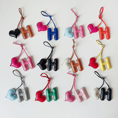 H letter heart bag pendant sheepskin hand-stitched peach heart ornament heart-shaped car keychain rearview mirror clip for women