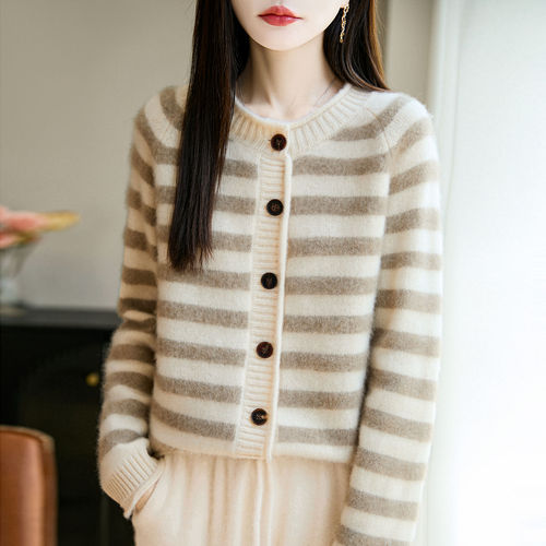 Autumn/Winter Thick 100% Wool Cardigan for Women, Round Neck Knit Coat, Loose Sweatshirt, Overlap Striped Top