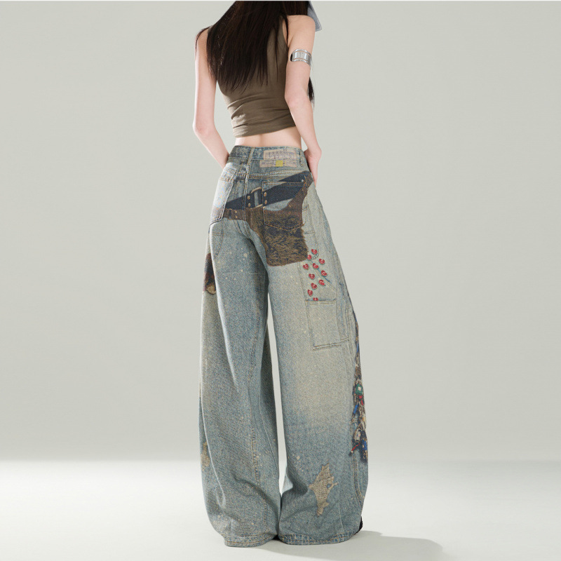 American Washed Printed Jeans for Boys Summer New Trendyy Hiphop Slim Straight Pants Versatile Wide Leg Pants