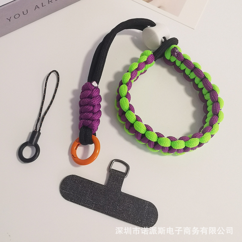 짧은 [보라색, 녹색 및 검정색] 조절 가능한 땋은 끈 + 진한 회색 카드 스트립 + 작은 끈