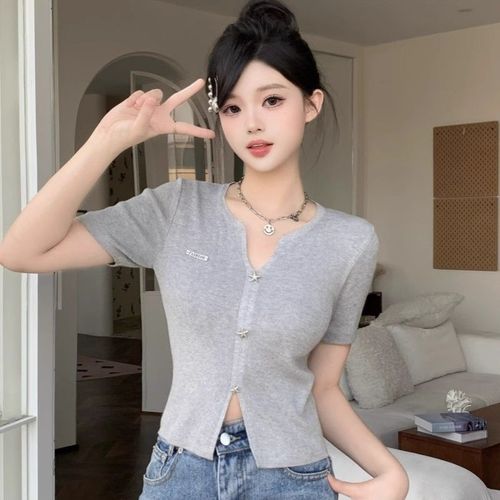 French Short-Sleeve Top with High-End Grey V-Neck Ice Silk Knit Dress Shirt for Women - Summer Fitted Slimming T-Shirt