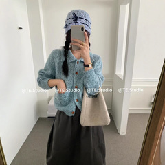 2025秋韩系复古彩色花线v领毛衣纽扣开衫女秋冬宽松针织外套上衣