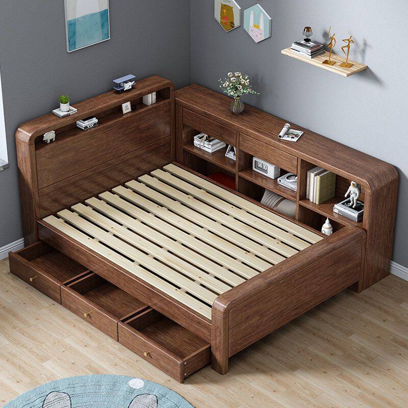 Solid Wood Children's Bed 1m Single Bed Small Apartment 1.2m Storage Bed Boy Girl Student Bed Bookshelf Factory Wholesale