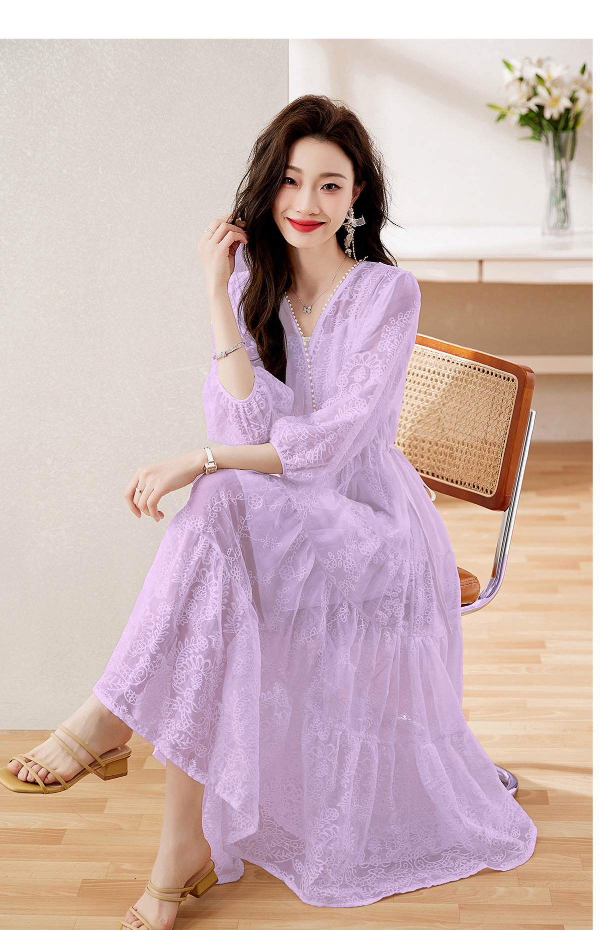 Đầm maxi nữ cổ V thắt eo dáng dài thanh lịch NY1608 — xanh lam, màu tím, màu vàng chi tiết 33