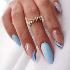 Almond-shaped simple corrugated navy blue and white color-blocked French spring and summer new products fresh and pure desire wearable nails