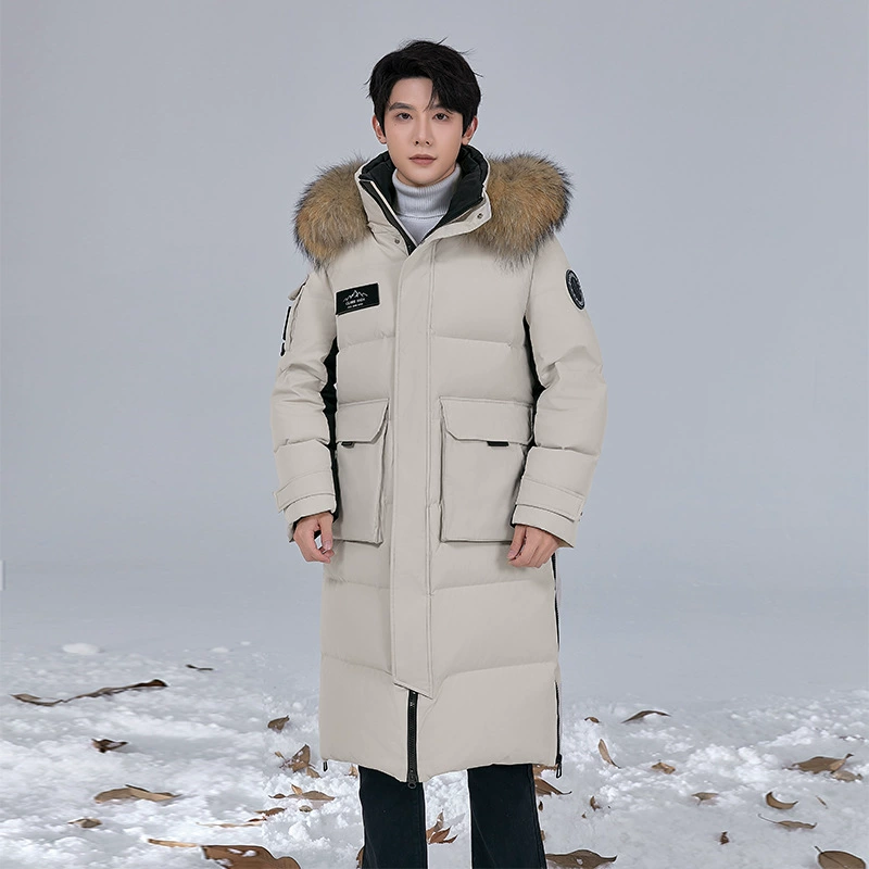 Мужской пуховик удлиненный выше колена, зима 2024, новый стиль, 90 белый гусиный пух, утолщенный большой меховой воротник, спецодежда, серия для экстремального холода
