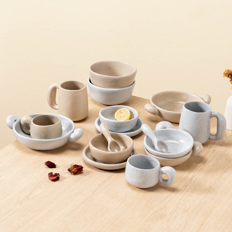 Japanese-Style Rustic Ceramic Dinnerware Set, Cute Coffee Cup with Large Handles, Household Rice Bowl, Soup Bowl, Double-Handle Salad Bowl Japanese-Style Rustic Ceramic Dinnerware Set, Cute Coffee Cup with Large Handles, Household Rice Bowl, Soup Bowl, Double-Handle Salad Bowl
