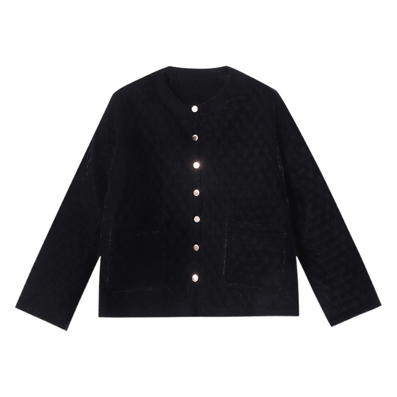 司南新中国式流行金ボタンゆるい小香風キルティング菱格黒ベルベット綿服コートSN5014