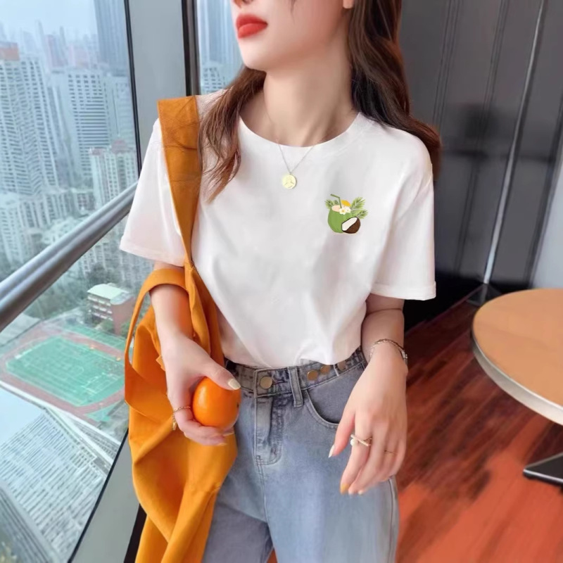 2026 Summer High-End Round-Neck Short-Sleeved T-Shirt for Women, Loose Printed Top, Casual Textured Fabric, Comfortable to Wear