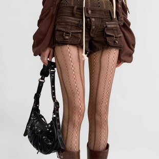 Lace Hollow Jacquard Silk Stockings Grid Sexy Leg Vertical Stripe Mesh Brown Pantyhose