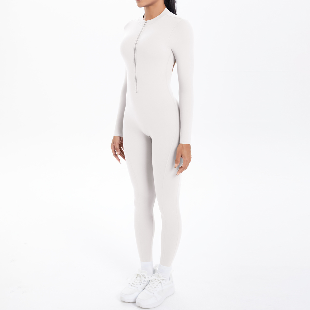 Nuova tuta a maniche lunghe con schiena scoperta, tinta unita e doppio strato in broccato, per sport, corsa, fitness e yoga_voghion.com