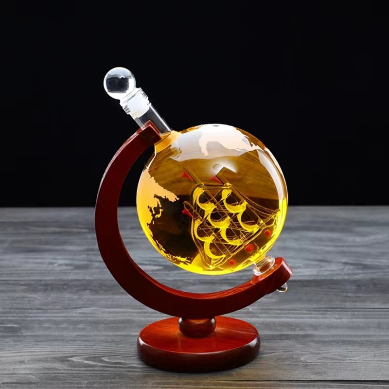 地球仪玻璃酒瓶带木架工艺醒酒器高硼硅高级感一帆风顺玻璃泡酒瓶