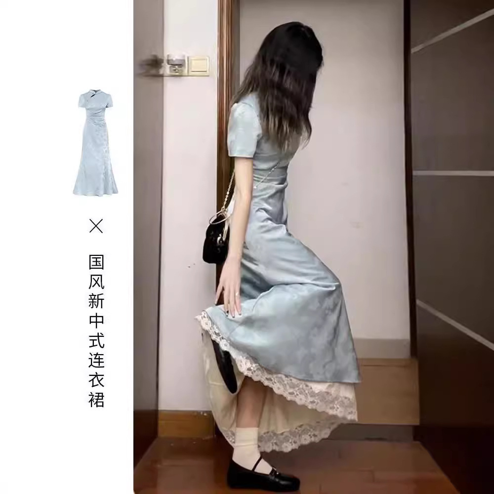 New Chinese style modified cheongsam dress for women, summer 2025 new style, high-end waist-cinching elegant long dress